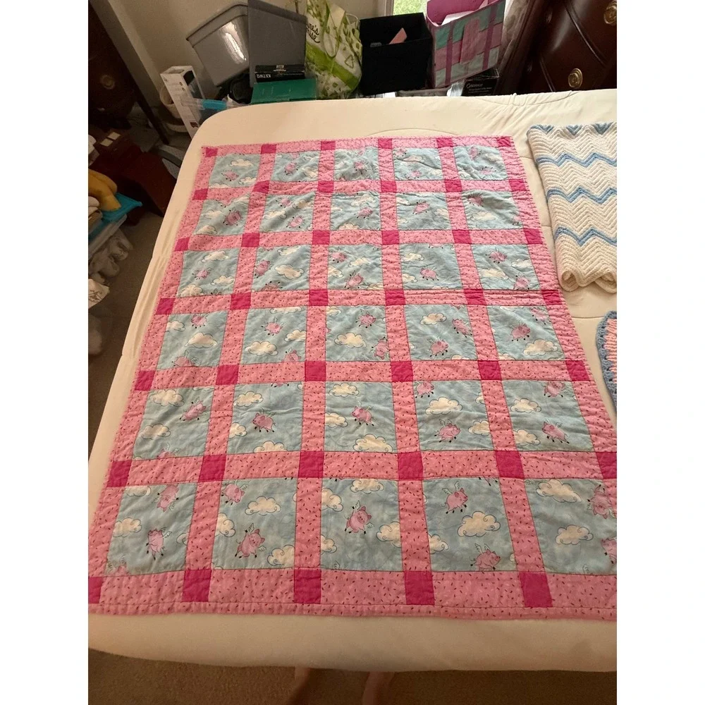 Handmade Baby Blanket Bundle Flying Pigs Quilt Crochet Chevron Pink Blue 3pc Set